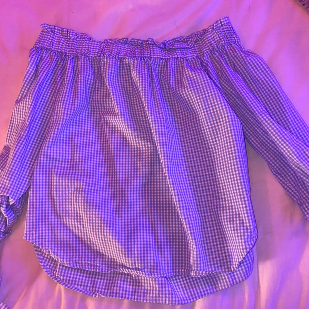 blue gingham off the shoulder top